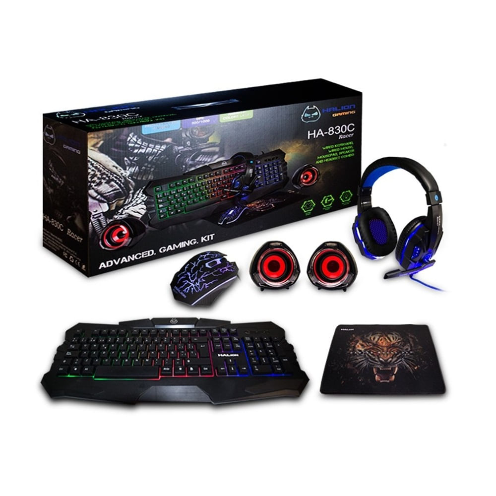 KIT GAMER 5 EN 1 HALION RACER TECLADO+MOUSE CLABLE+AUDIFONO Negro