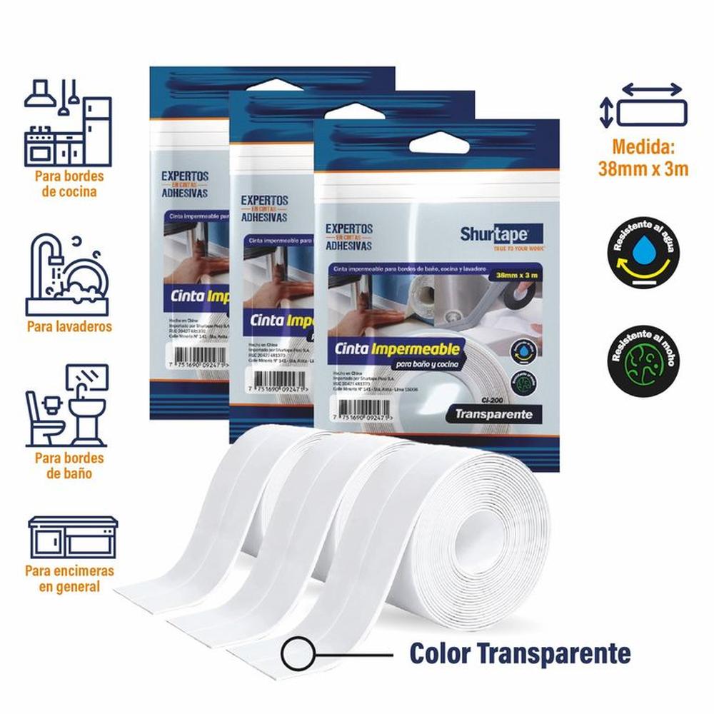 Cinta Impermeable Transp Pack x3 und - para baño y cocina 38mm x 3m