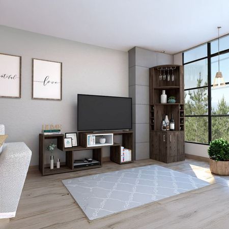 Bar Esquinero Kava + Rack Extensible Tv40 Beijing - Coñac/Blanco