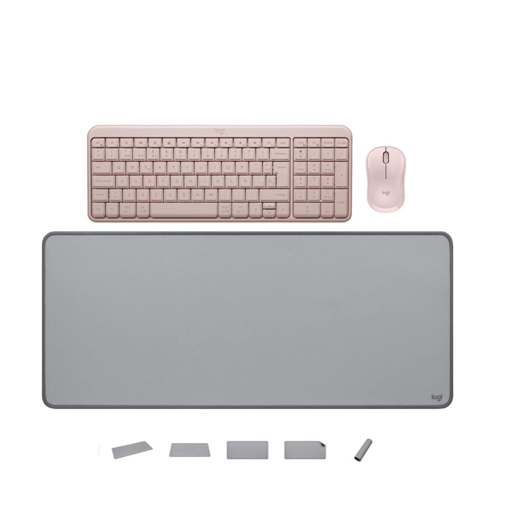 TECLADO Y MOUSE LOGITECH K250 MOUSE M240 ROSADO PAD MOUSE 30X70CM GRIS