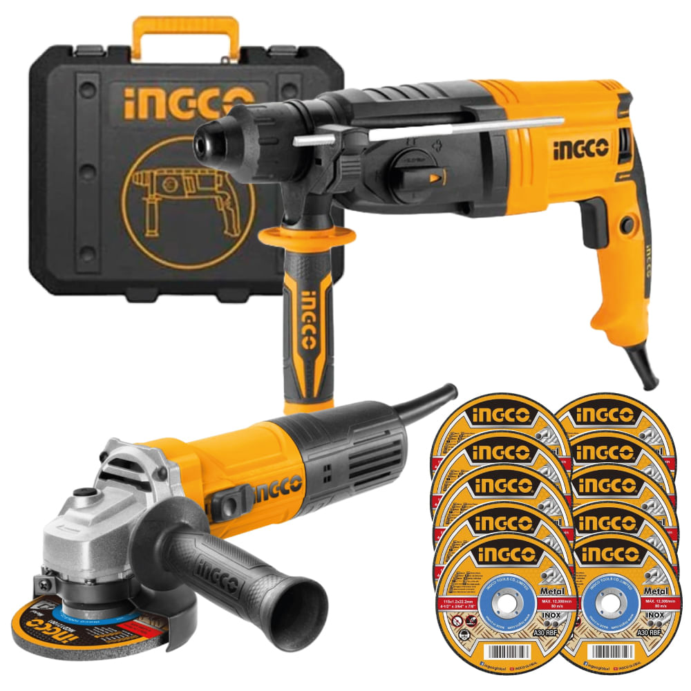 Combo Rotomartillo Ingco 950W SDS PLUS RGH9528 + Amoladora Angular 4 1/2" 750W + 10 Discos AG75028