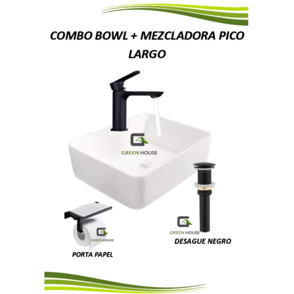 COMBO LAVATORIO LOZA BLANCO  MEZCLADORA PICO LARGO  DESAGUE