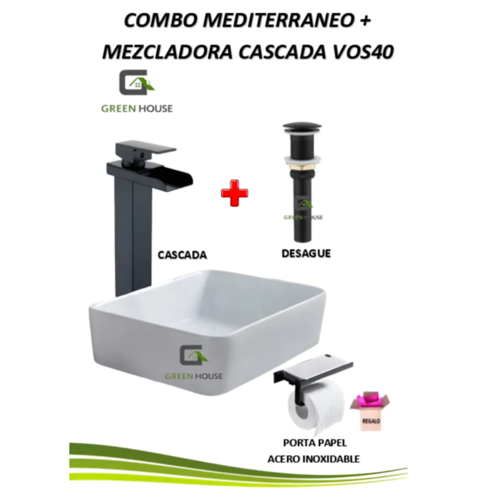 COMBO DE LAVATORIO MEDITERRANEO  MEZCLADORA CASCADA VOS40 NEGRO