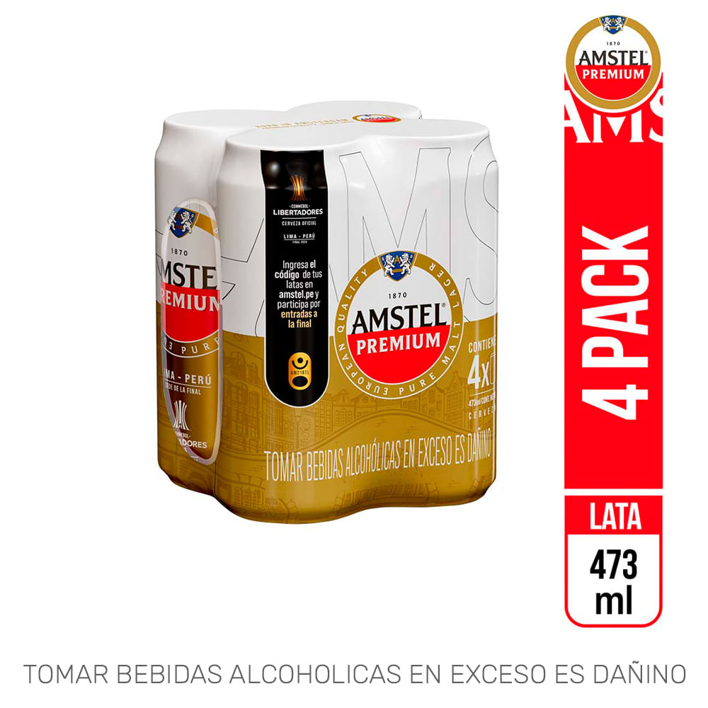Cerveza Premium AMSTEL Lata 473ml Paquete 4un