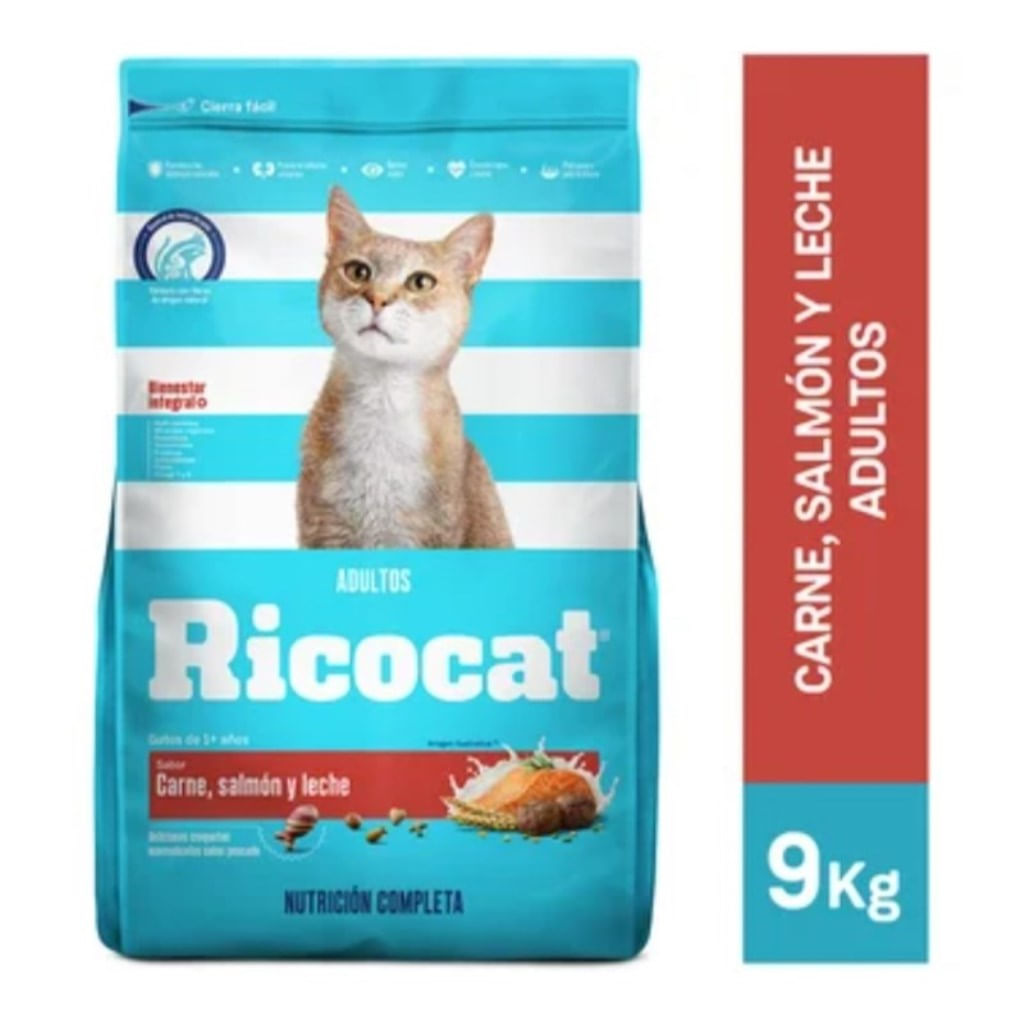 Comida para Gatos Ricocat Adultos Carne  Salmón y Leche 9 Kg