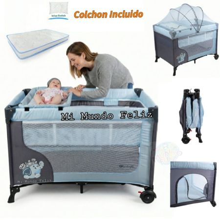 Cuna Corral para Bebe con Tull Mosquitero Celeste Ebaby