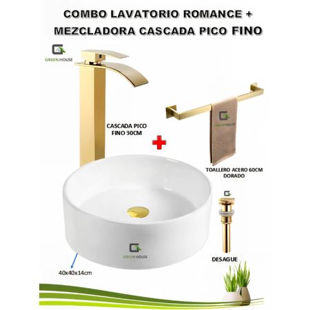 COMBO ROMANCE DORADO MEZCLADORA CASCADA PICO FINO 30CM VOS46