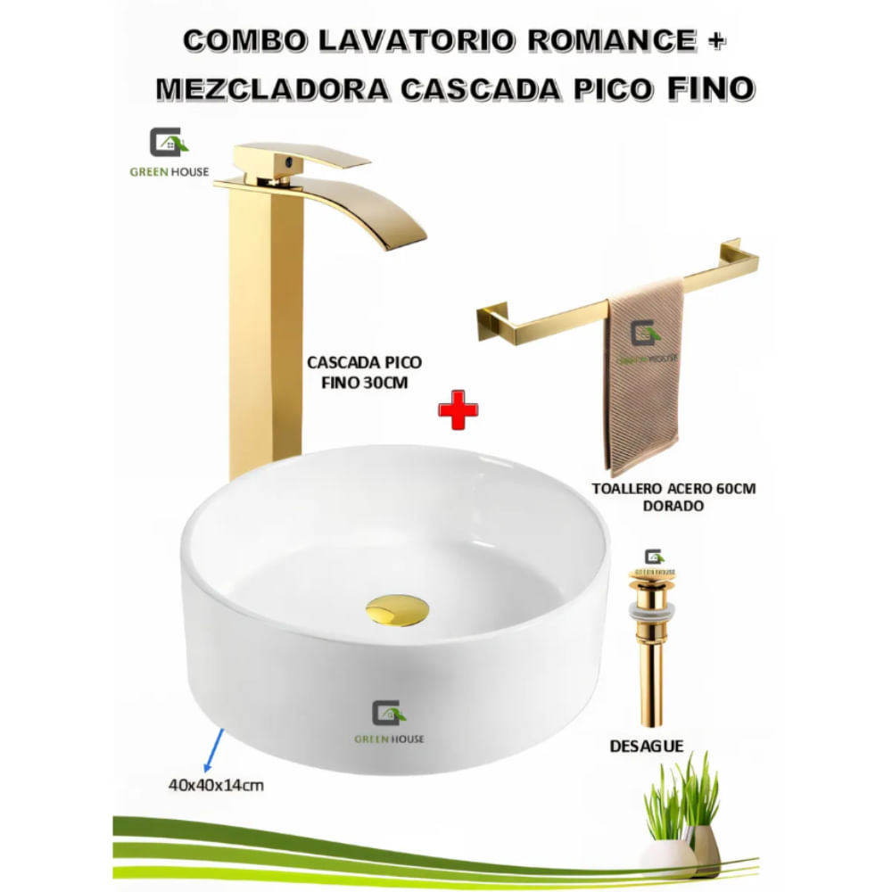COMBO ROMANCE DORADO MEZCLADORA CASCADA PICO FINO 30CM VOS46