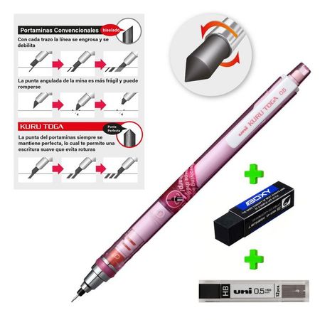 UNI Kurutoga Portaminas auto-tajable Rosado mas Borrador Boxy y Minas HB