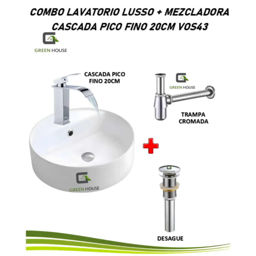COMBO LAVATORIO LUSSO MEZCLADORA CASCADA PICO FINO 20CM VOS43