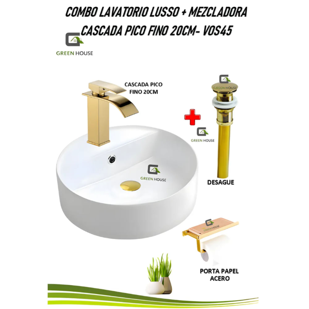 COMBO LAVATORIO LUSSO MEZCLADORA DORADO PICO FINO 20CM VOS43