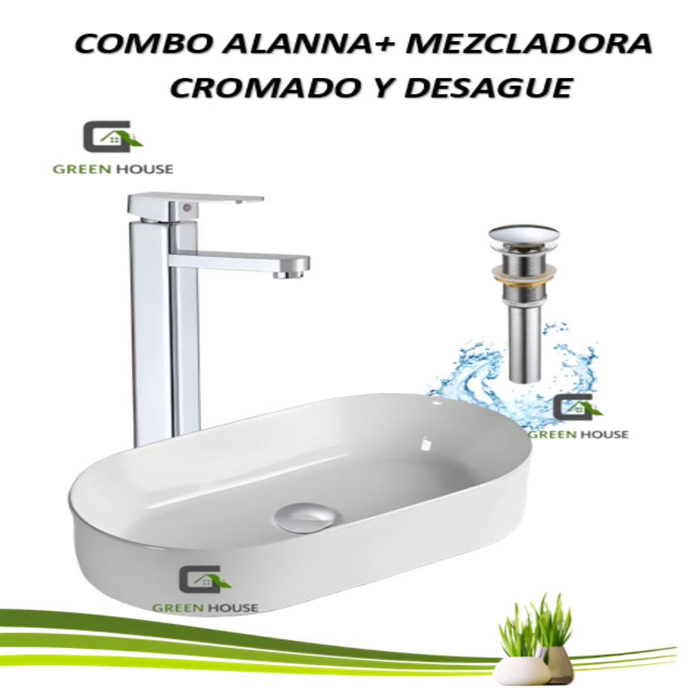 COMBO G2 LAVATORIO ALANNA BLANCO MEZCLADORA CUADRADO CROMADO