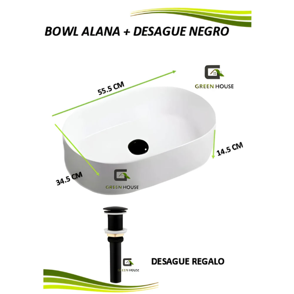 LAVAMANOS BOWL ALANA ENLOZADO BLANCO  DESAGUE NEGRO