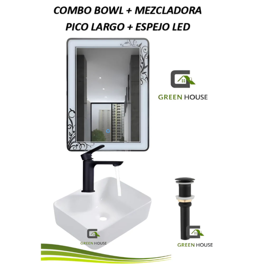 COMBO DE LAVATORIO CUADRADO MEZCLADORA ESPEJO LED Y DESAGUE