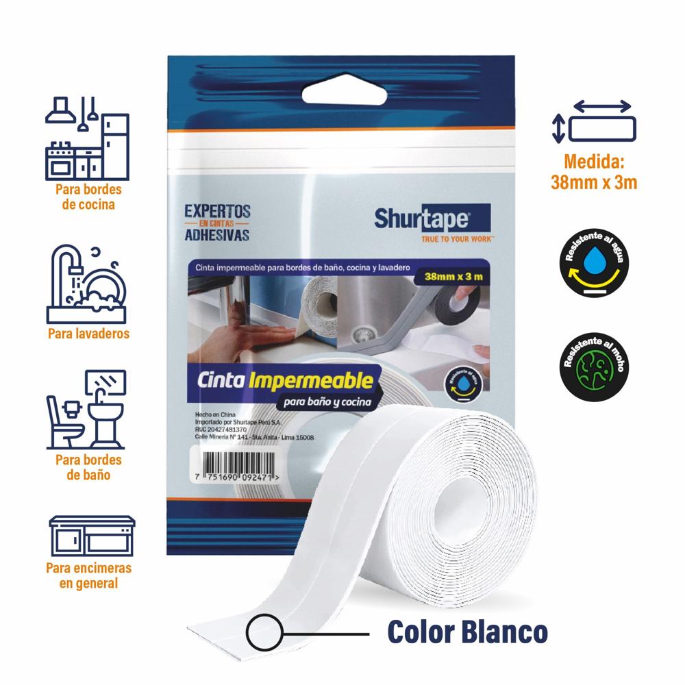 Cinta Impermeable Blanco - Para baño y cocina 38mm x 3m.