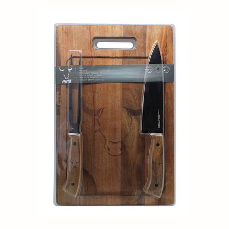 Tabla + Cuchillo + Tenedor Wayu Modelo 22141997776 de Acero Inoxidable y Madera