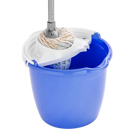 Set de Limpieza Basa Reyplast: Balde Escurridor Azul 13L + Trapeador Mopa con Mango de Metal y Hilazas de Algodón