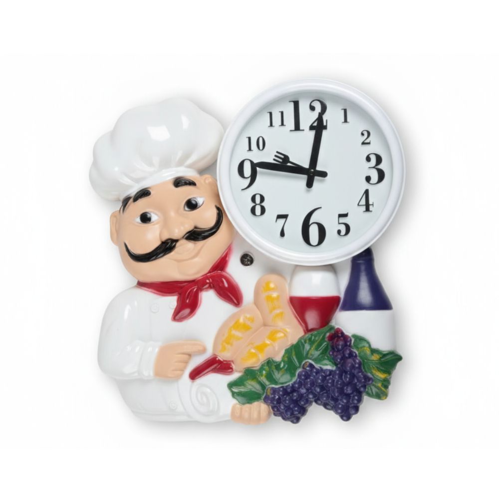 Reloj de Pared Chef Bigotón  Diseño Decorativo en Color Blanco 36 x 33 cm