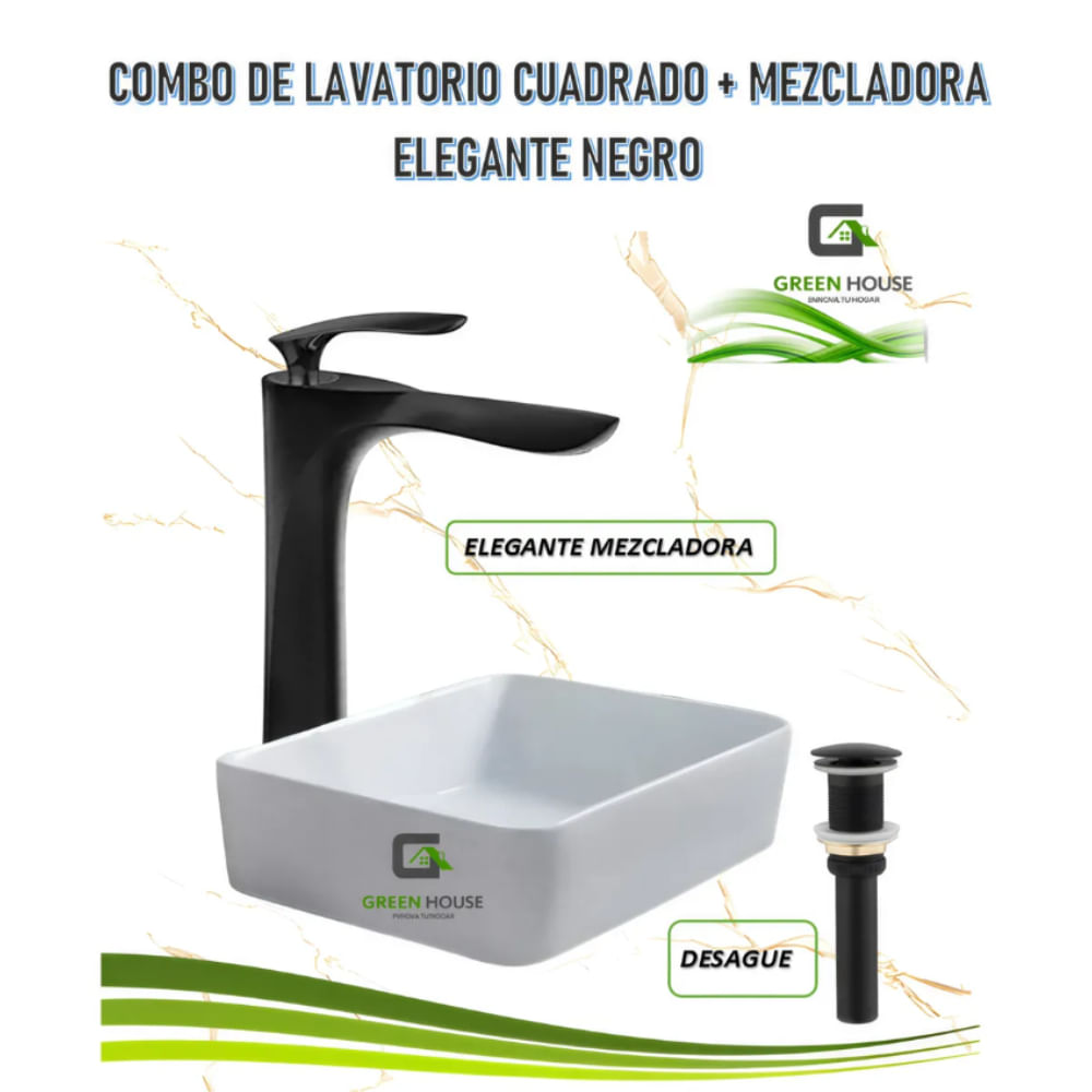 COMBO DE LAVATORIO CUADRADO MEZCLADORA ELEGANTE NEGRO
