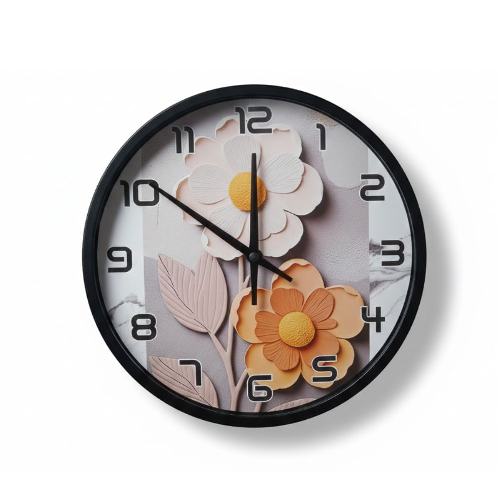 Reloj de Pared Redondo Modelo Margaritas  Marco Negro Fondo Blanco 20 cm