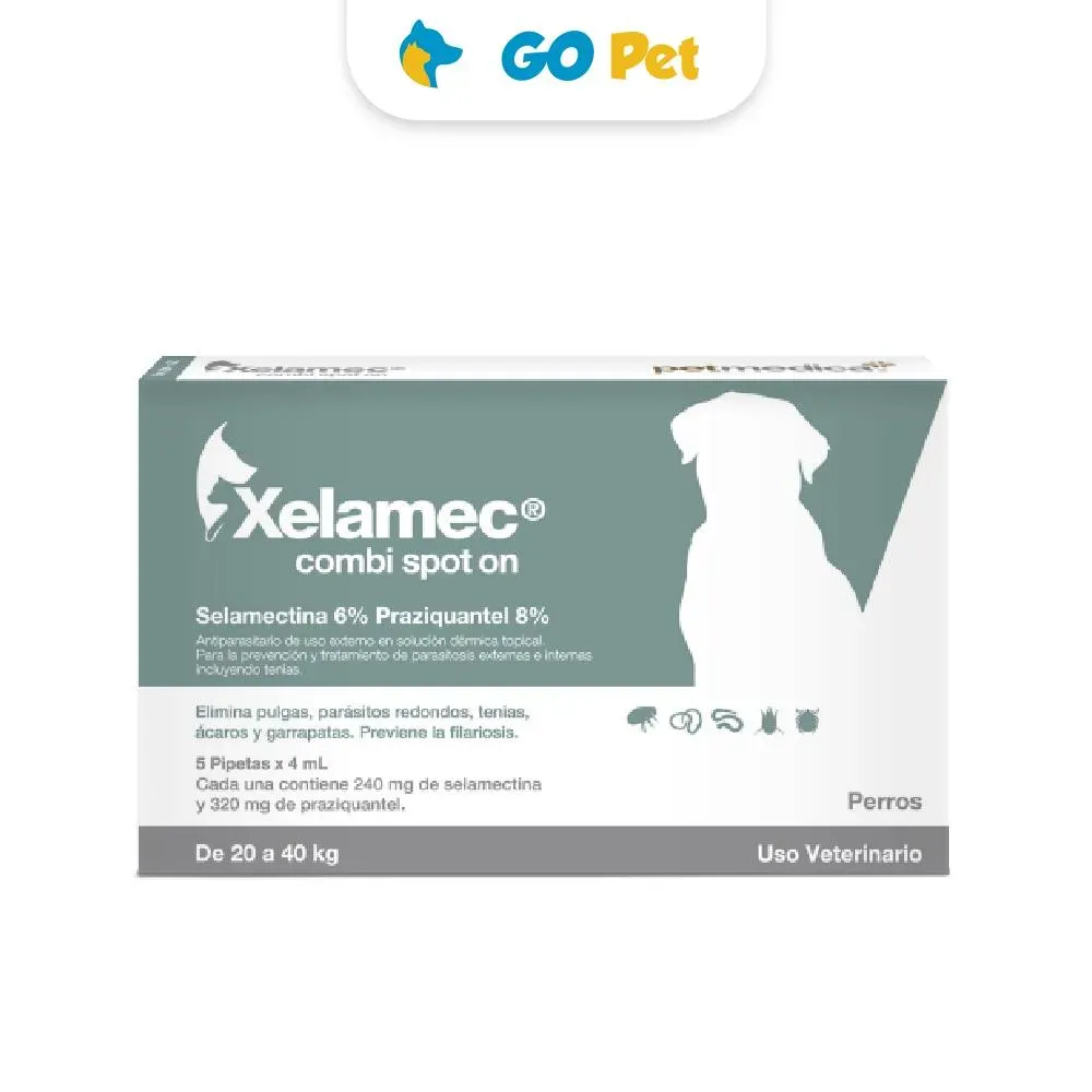 Xelamec Combi Spot On 4 Ml 20 a 40 Kg x 1 Pipeta Antipulgas y Antiparasitario para Perros