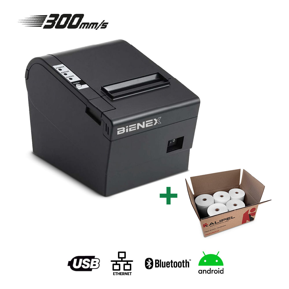 Impresora ticketera termica 80mm BIENEX 300MMxS Bluetooth USB ETHERNET y papel