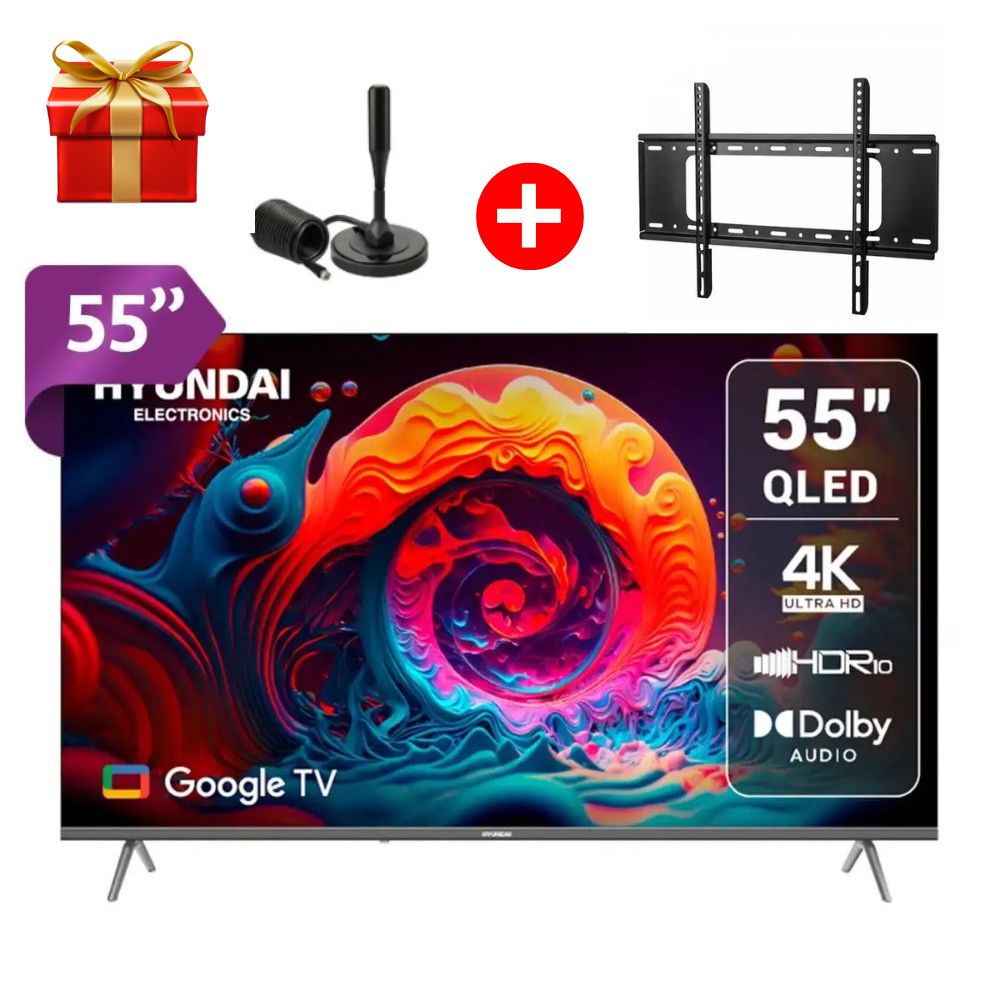 TELEVISOR HYUNDAI 55 QLED SMART TV GOOGLE TV 4K UHD - HYLED5529QG CON ANTENA DIGITAL Y RACK FIJO