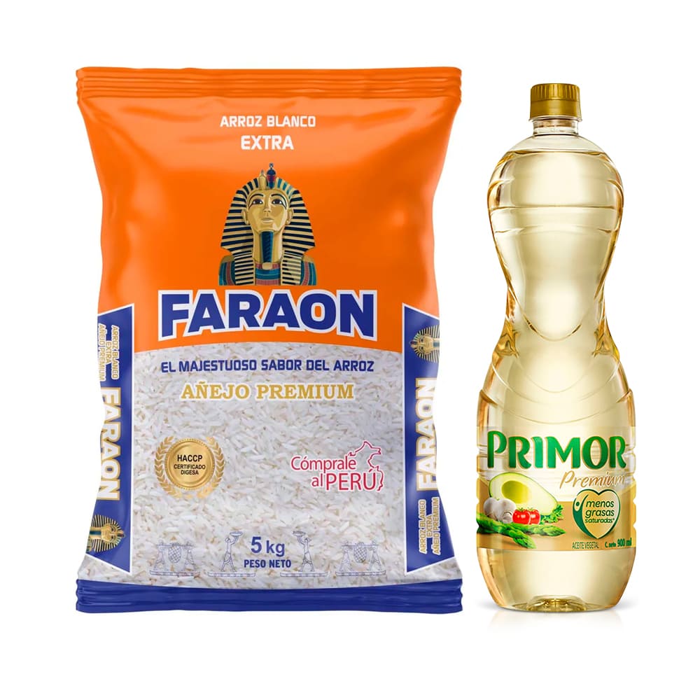 Pack Arroz Extra Añejo FARAON Naranja Bolsa 5kg + Aceite Vegetal PRIMOR Premium Botella 900ml