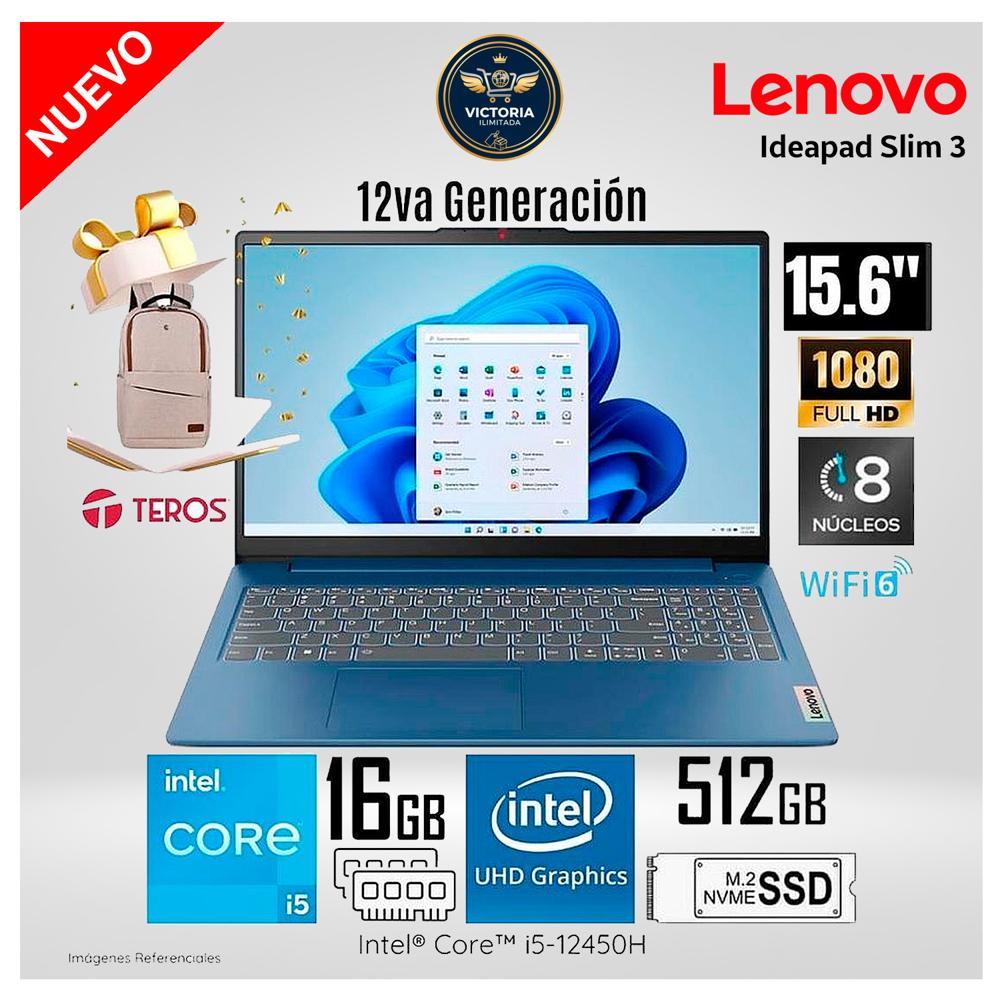 Laptop Lenovo IdeaPad Slim 3 Intel Core i5-12450H 16GB RAM 512GB SSD 15.6 FHD 3ER001DLM mas Regalo