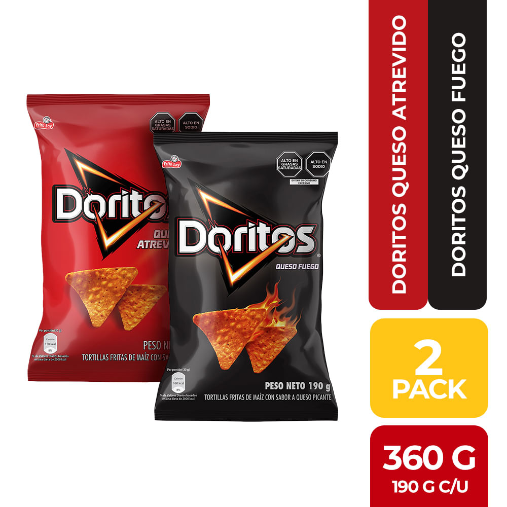 Pack Tortillas de Maíz DORITOS Queso Fuego Bolsa 190g + Tortillas de Maíz DORITOS Queso Atrevido Bolsa 190g