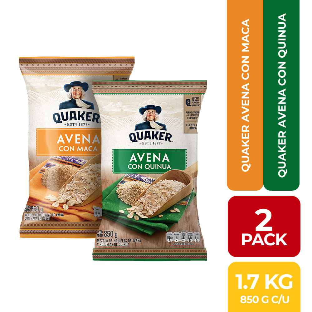 Pack Avena con Maca QUAKER Bolsa 850g + Avena con Quinua QUAKER Bolsa 850g