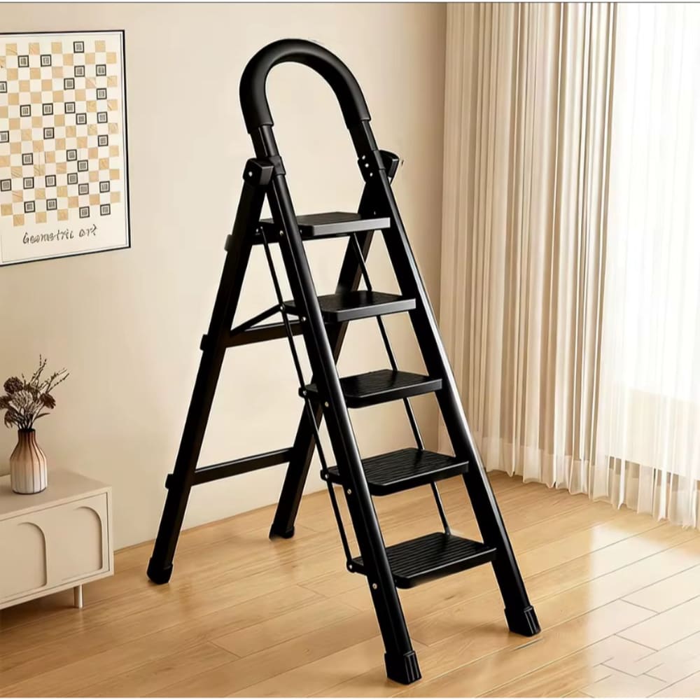 Escalera 5 Escalones Plegable Negro Seguridad Antideslizante Reforzado Metal Compacto Hogar Oficina