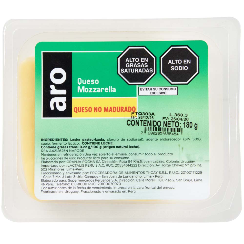 Queso Mozzarella ARO Paquete 180g