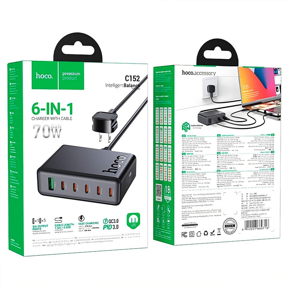Hoco C152 Cargador De Pared Tipo C Carga Rapida 70w - 6 En 1