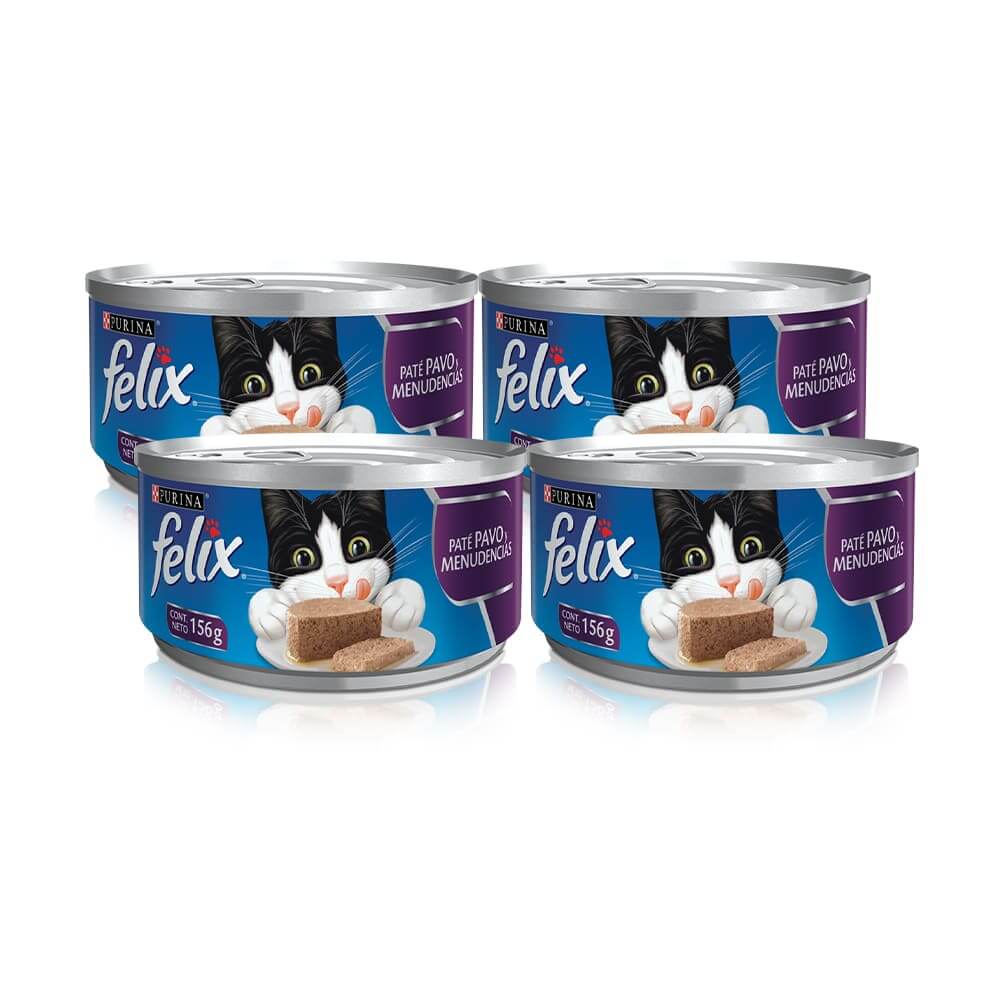 Pack Comida para Gatos FELIX Paté de Pavo y Menudencias Lata 156g x 4un