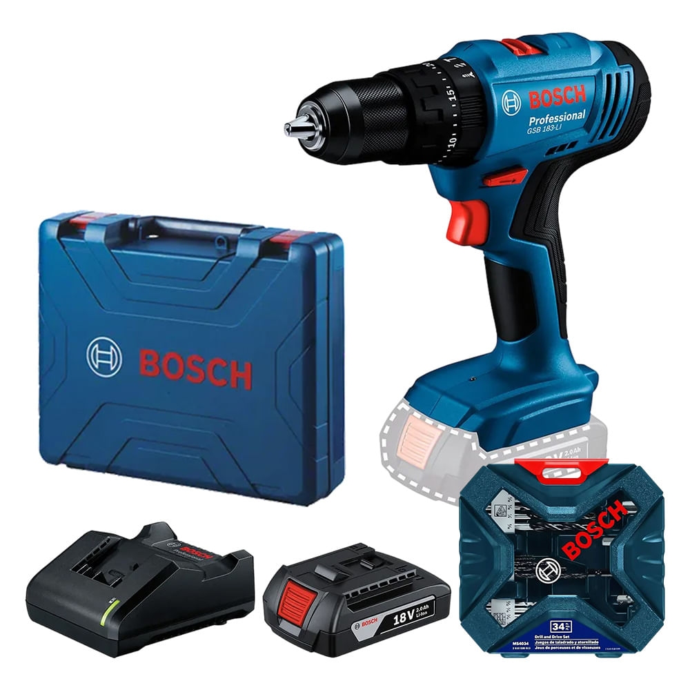 Taladro percutor Bosch GSB 183 18V 1-2'' y Set de 34 Pz