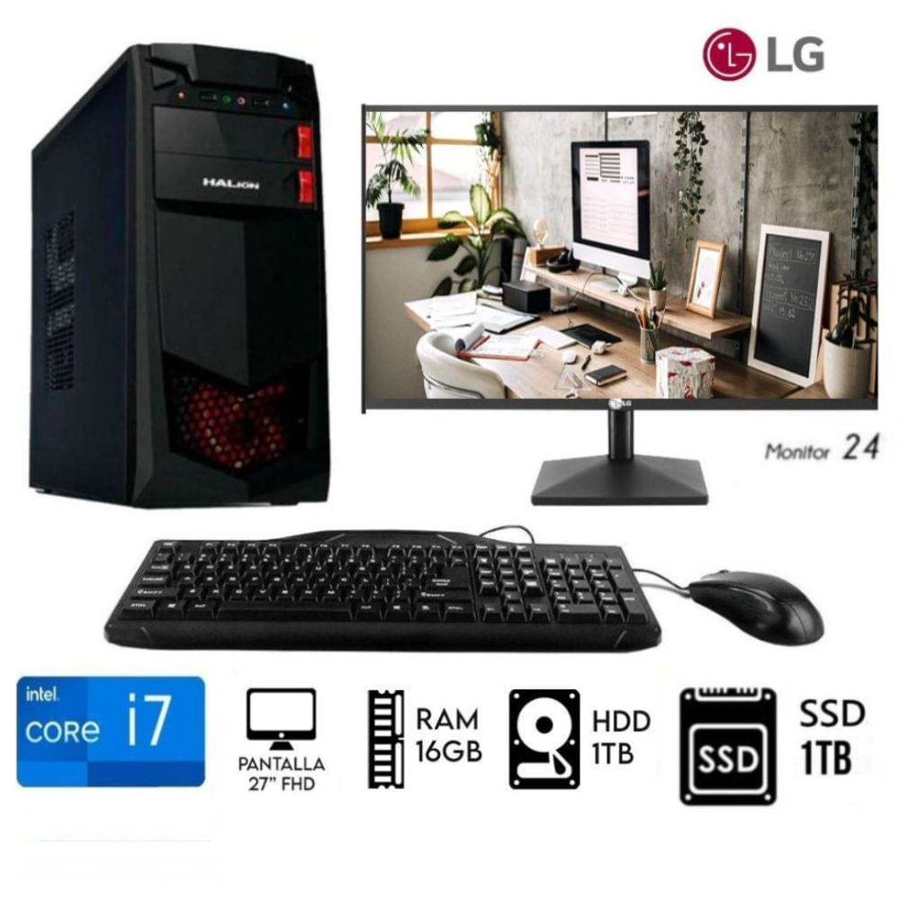Computadora PC Intel Core i7 RAM 16GB Disco HDD 1TB  -SSD 1TB  Monitor 24 LG
