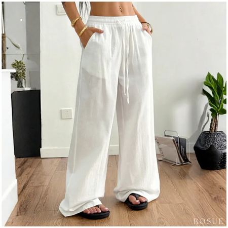 Pantalón Playero Fresco Elastico en la Cintura Mujer Pantalón Playero Freso Elastico en la Cintura Mujer S Blanco