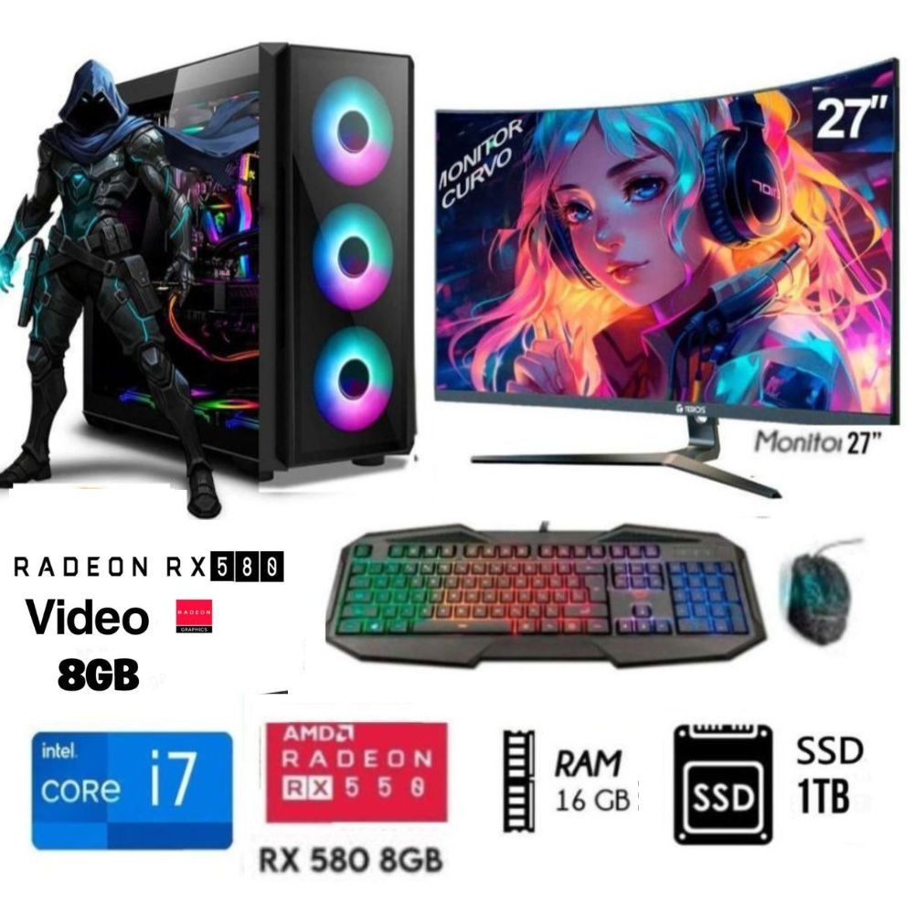 Computadora PC Gamer Core I7 Ram 16GB  DISCO SOLIDO 1TB  -Video RX 580 8GB  M27