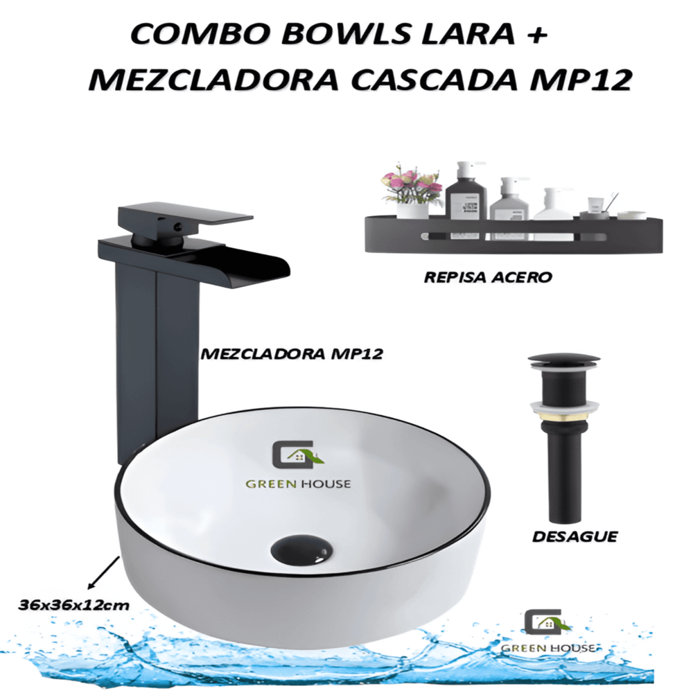 COMBO BOWLS LARA  MEZCLADORA CASCADA MP04  DESAGUE NEGRO