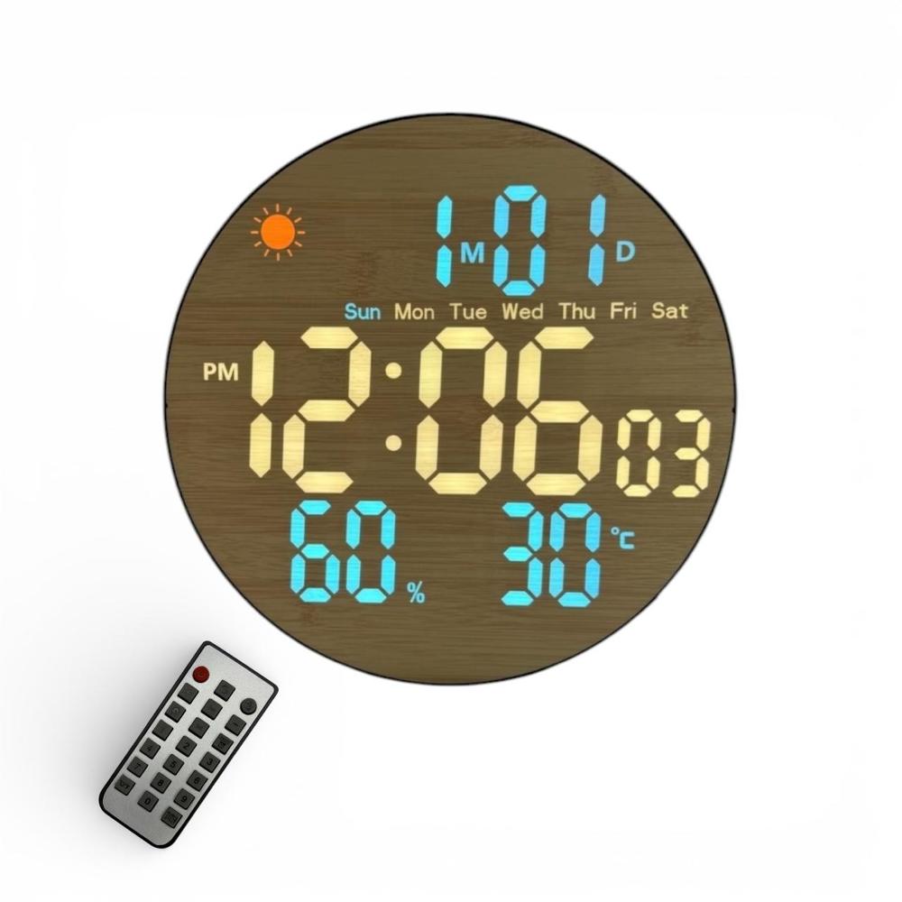 Reloj de Pared Redondo - Color Madera y LED Azul - Temperatura  Fecha