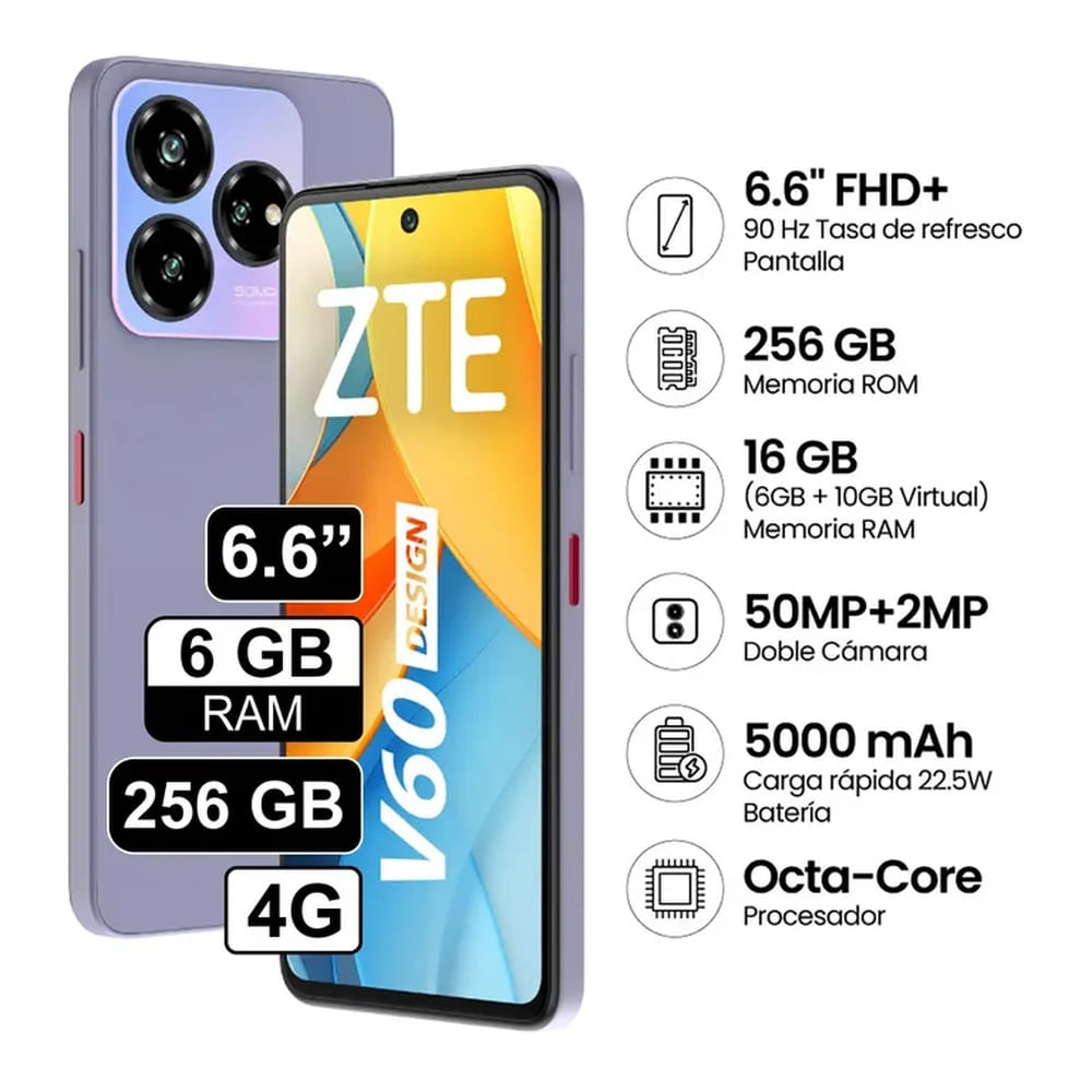 Celular Zte Blade V60 256GB 6GB RAM cámara 50MP + 2MP + 2MP frontal 32MP 66 Pulg Lila