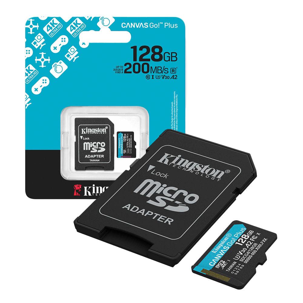 Tarjeta MicroSD Kingston 128GB Canvas Go Plus Gen 4 200Mbps A2 U3