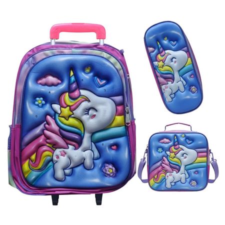 Mochila con Ruedas para Niños y Niñas Multipack 3 en 1 Diseño Pony Fantasía Regreso a Clases