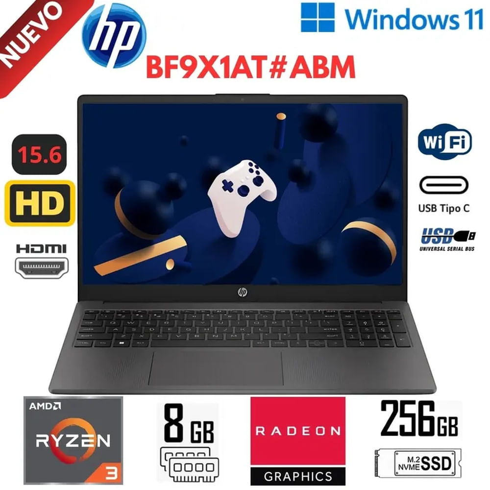 Laptop HP 255 G10 RYZEN 3 7320U 15.6"" HD RAM 8GB SSD 256GB W11PRO (BF9X1AT#ABM)