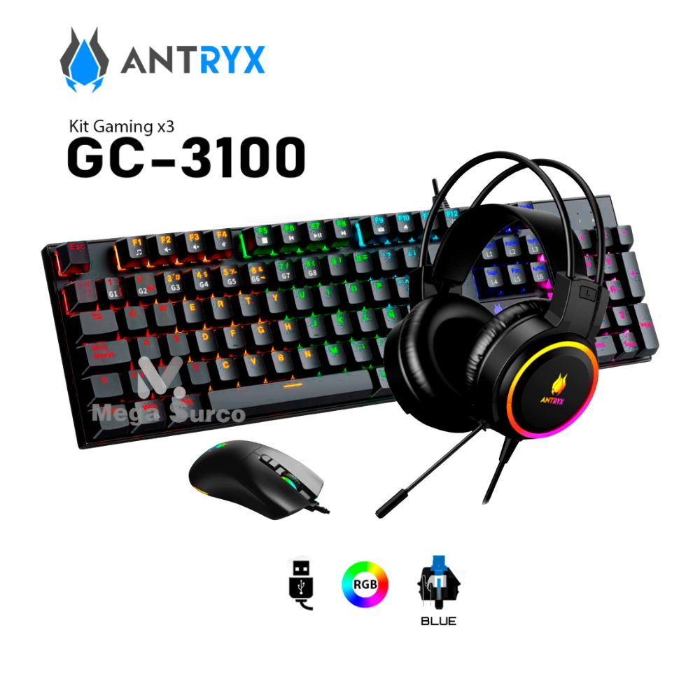 TECLADO MOUSE AURICULAR GAMING ANTRYX GC 3100 X3 SW RED RGB MECANICO