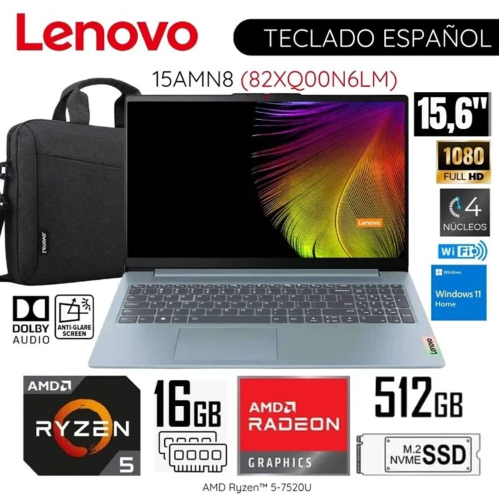 Laptop Lenovo 15.6'' AMD Ryzen 5 7520U Free dos RAM 16GB SSD 512GB Gris Ártico más Maletín de regalo