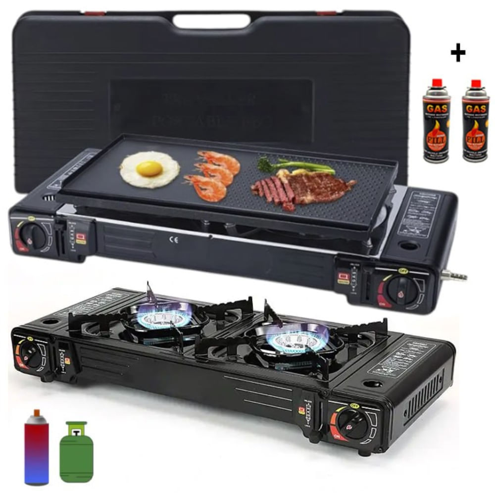 Cocina a Gas Portatil 2 Hornillas 2 en 1 con Parrilla más Gas
