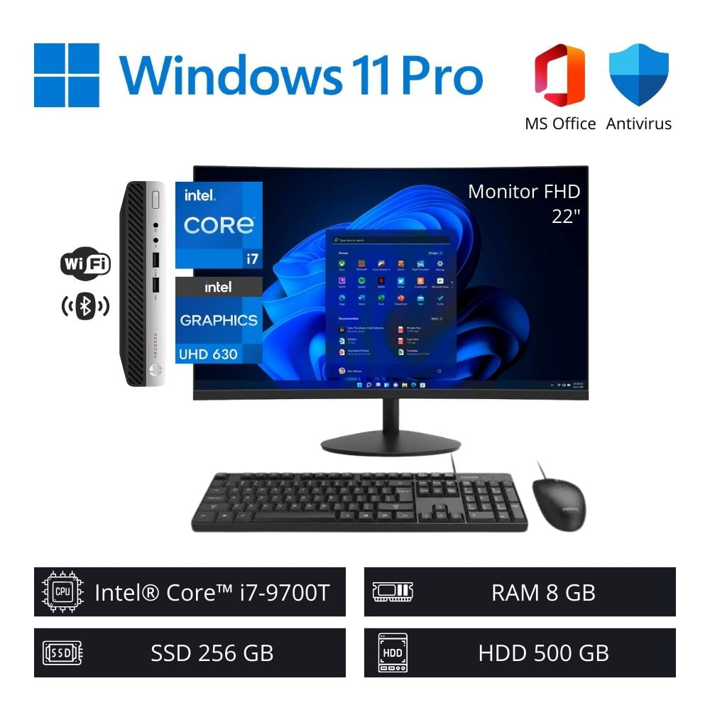 Computadora PC Intel ci7-9700T 8GB RAM 256GB SSD 500GB HDD + Monitor 22” FHD WiFi+BT Reacondicionado