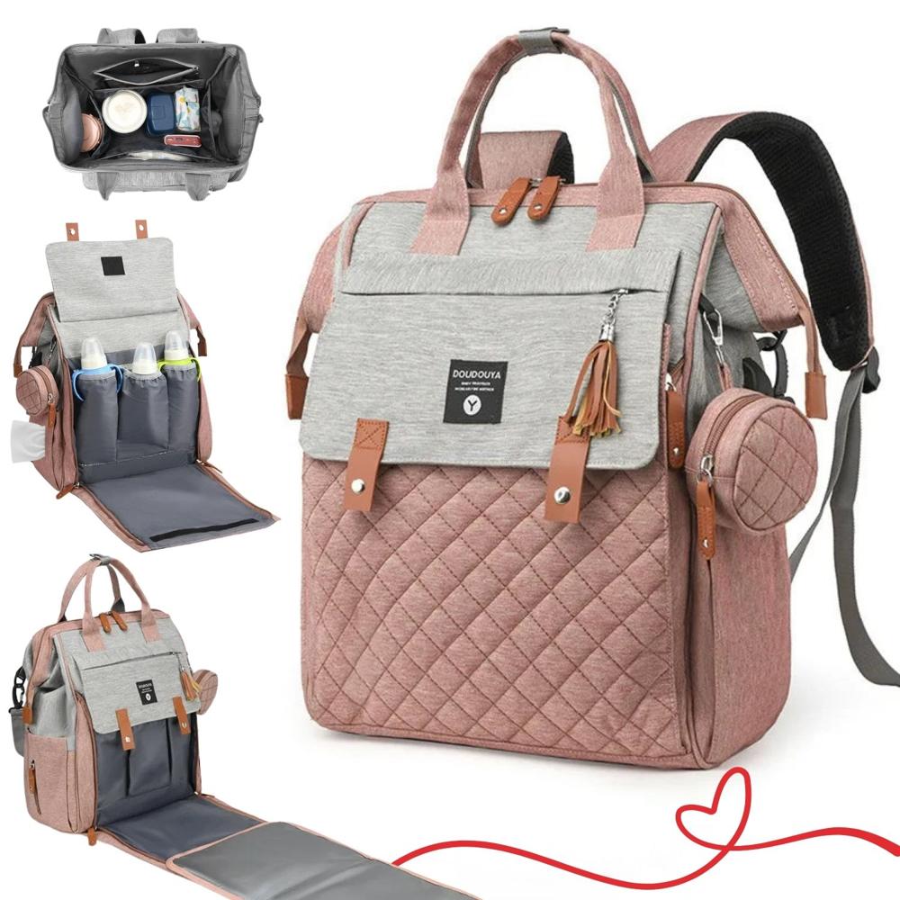 MOCHILA PAÑALERA LUXURY BAG 4 EN 1 MULTIFUNCIONAL, CAMBIADOR, TÉRMICO, IMPERMEABLE ROSA